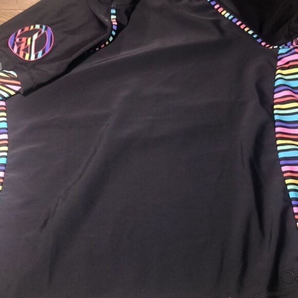 OP Peace ☮️ and Rainbow 🌈 Rash Guard Swim Shirt. Black Contrast Rainbow Piping - Picture 15 of 17